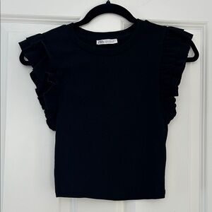 Zara Women’s Black Ruffle Sleeve Tee